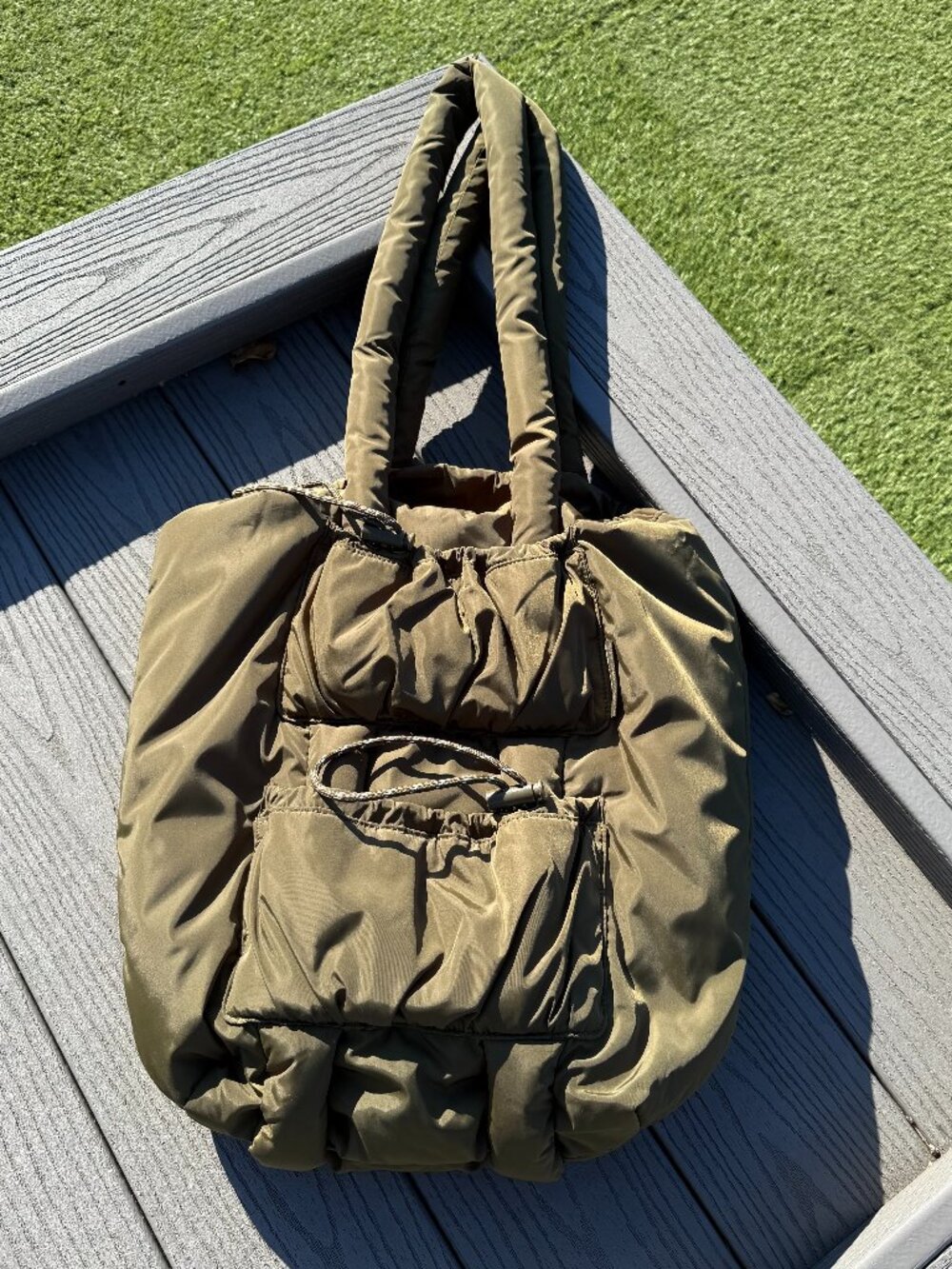 Dagne Dover Kal Puff Drawstring Tote Shoulder Bag Travel Large Olive/Dark Green